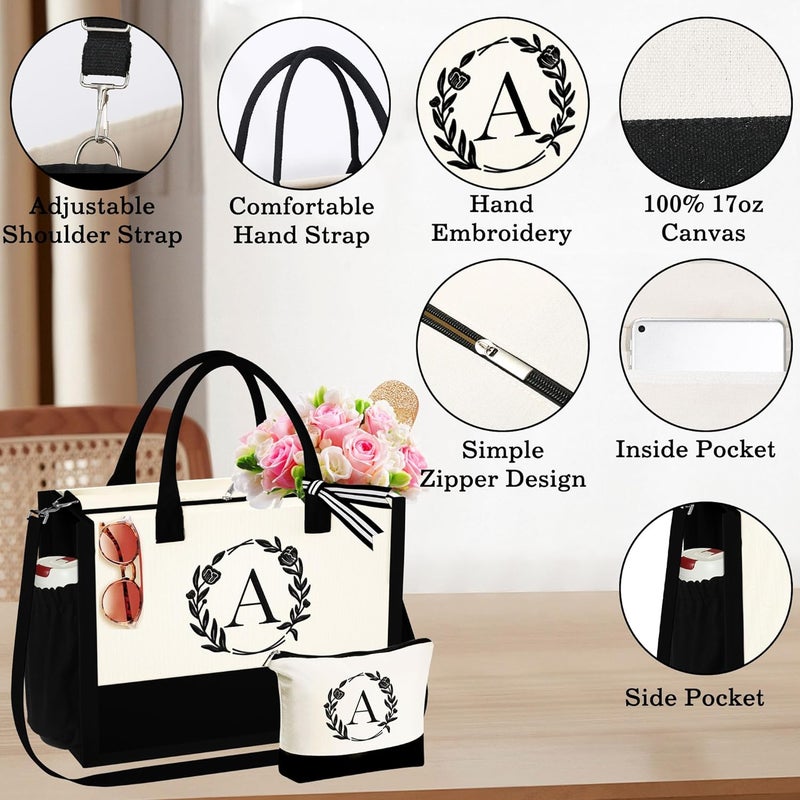 YOOLIFE Gifts for Women - Initial Canvas Tote Bag Makeup Bag, Valentines Day Gifts for Women Teacher Mom Wife Friend Birthday - Image 4